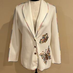 1970’s White Polyester Blazer With Butterflies Sz Small
